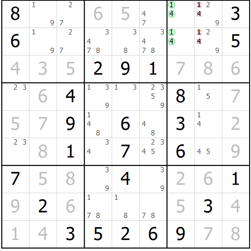 Position des candidats pour la solution de la Gr 2 page 5 du magazine de sudoku Giga sudoku niv 6-8 n° 016