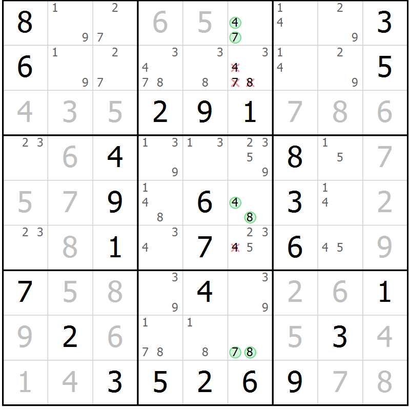 Position des candidats pour la solution de la Gr 2 page 5 du magazine de sudoku Giga sudoku niv 6-8 n° 016