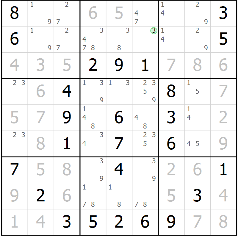 Position des candidats pour la solution de la Gr 2 page 5 du magazine de sudoku Giga sudoku niv 6-8 n° 016