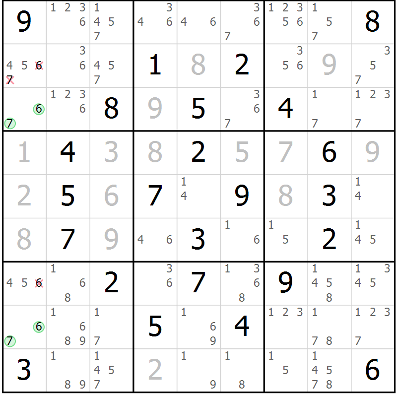 Position des candidats pour la solution de la Gr 20 page 23 du magazine de sudoku Giga sudoku niv 6-8 n° 016