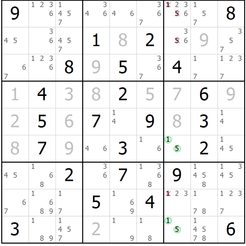Position des candidats pour la solution de la Gr 20 page 23 du magazine de sudoku Giga sudoku niv 6-8 n° 016