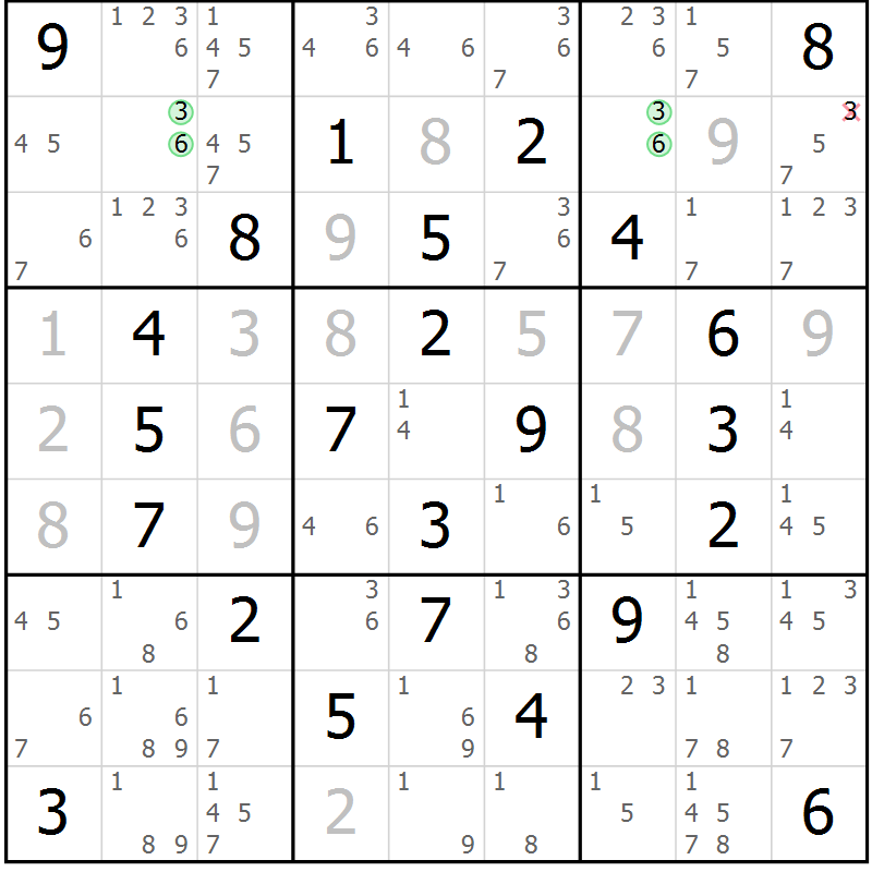 Position des candidats pour la solution de la Gr 20 page 23 du magazine de sudoku Giga sudoku niv 6-8 n° 016
