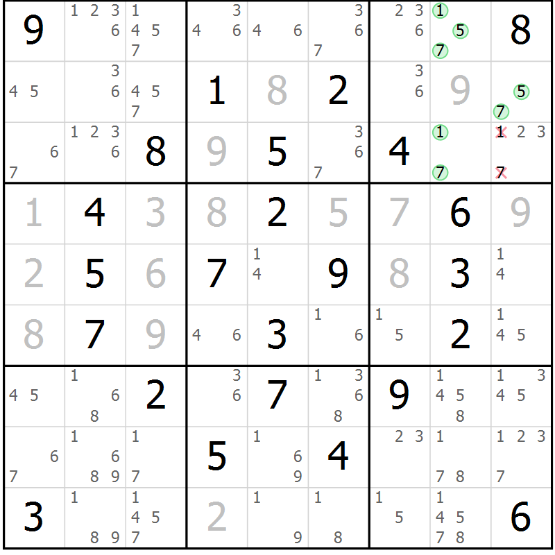 Position des candidats pour la solution de la Gr 20 page 23 du magazine de sudoku Giga sudoku niv 6-8 n° 016