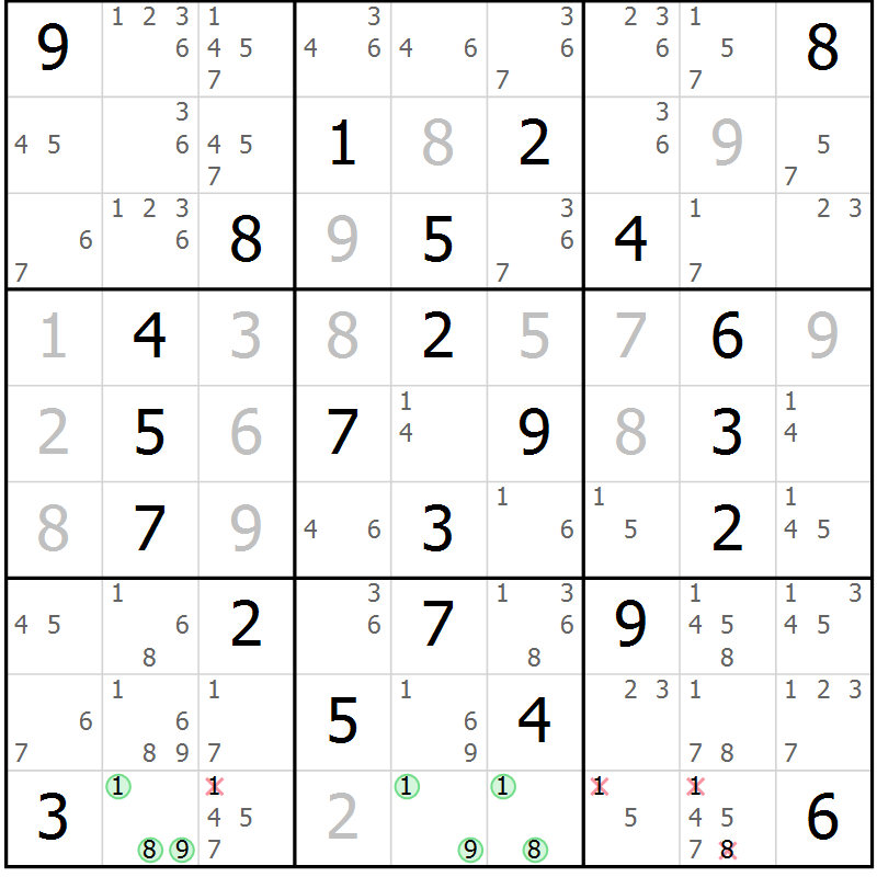 Position des candidats pour la solution de la Gr 20 page 23 du magazine de sudoku Giga sudoku niv 6-8 n° 016