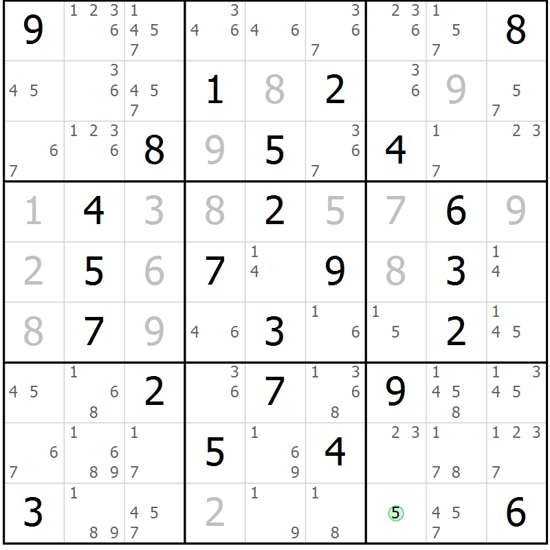 Position des candidats pour la solution de la Gr 20 page 23 du magazine de sudoku Giga sudoku niv 6-8 n° 016
