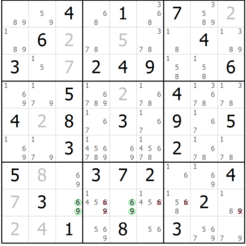 Position des candidats pour la solution de la Gr 21 page 24 du magazine de sudoku Giga sudoku niv 6-8 n° 016
