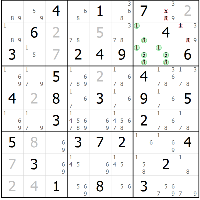 Position des candidats pour la solution de la Gr 21 page 24 du magazine de sudoku Giga sudoku niv 6-8 n° 016