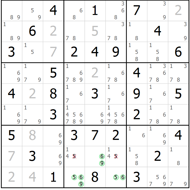 Position des candidats pour la solution de la Gr 21 page 24 du magazine de sudoku Giga sudoku niv 6-8 n° 016