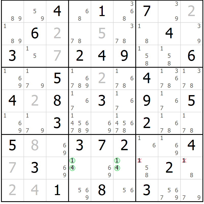 Position des candidats pour la solution de la Gr 21 page 24 du magazine de sudoku Giga sudoku niv 6-8 n° 016
