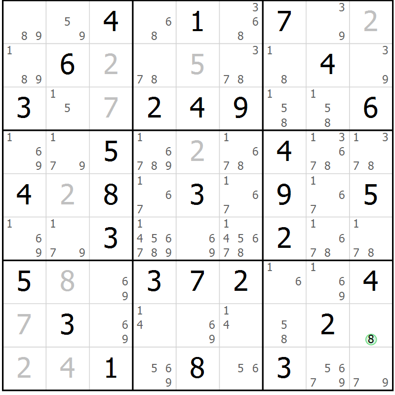 Position des candidats pour la solution de la Gr 21 page 24 du magazine de sudoku Giga sudoku niv 6-8 n° 016