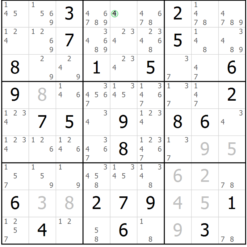 Position des candidats pour la solution de la Gr 22 page 25 du magazine de sudoku Giga sudoku niv 6-8 n° 016