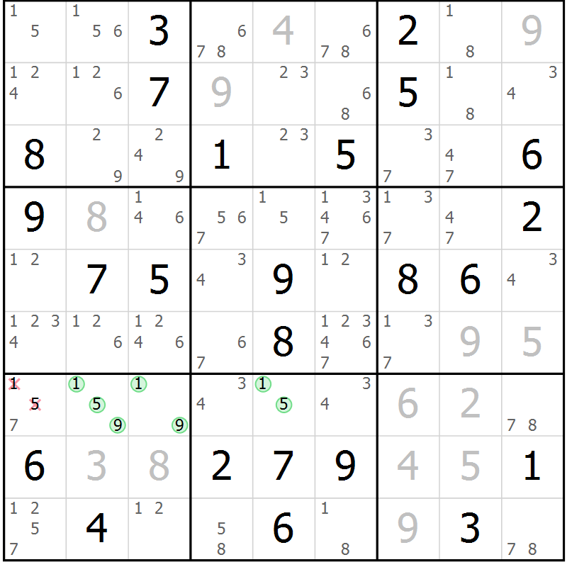 Position des candidats pour la solution de la Gr 22 page 25 du magazine de sudoku Giga sudoku niv 6-8 n° 016