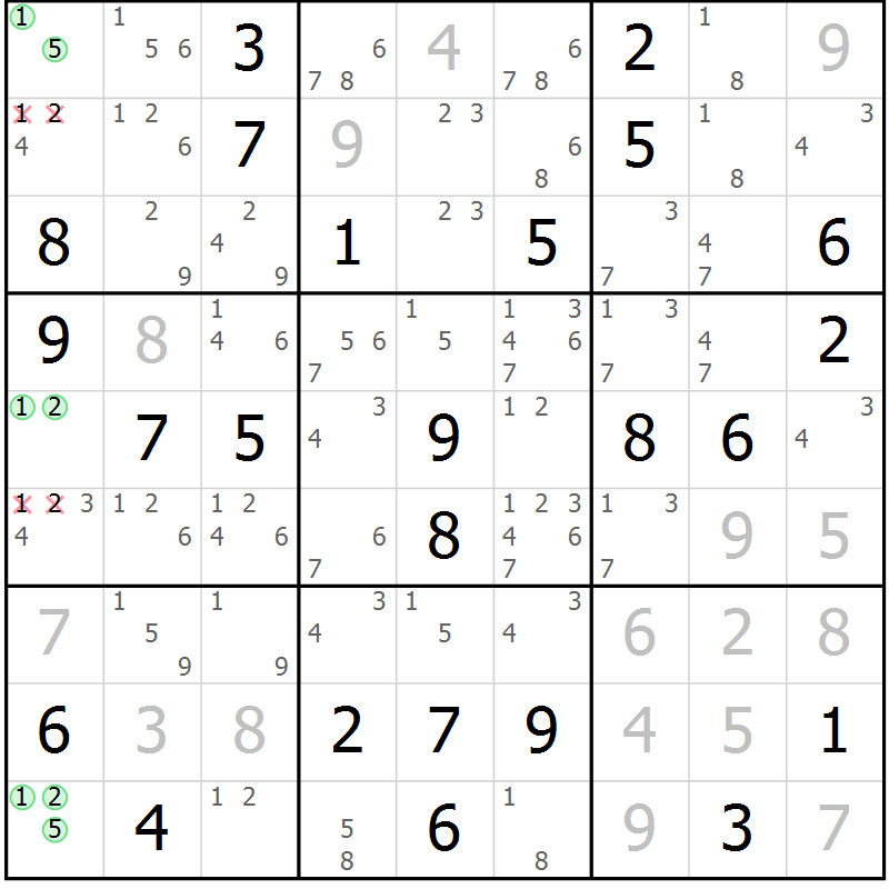 Position des candidats pour la solution de la Gr 22 page 25 du magazine de sudoku Giga sudoku niv 6-8 n° 016