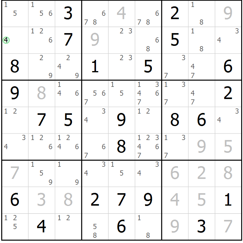 Position des candidats pour la solution de la Gr 22 page 25 du magazine de sudoku Giga sudoku niv 6-8 n° 016