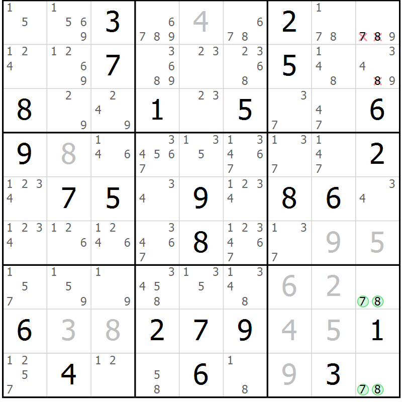 Position des candidats pour la solution de la Gr 22 page 25 du magazine de sudoku Giga sudoku niv 6-8 n° 016