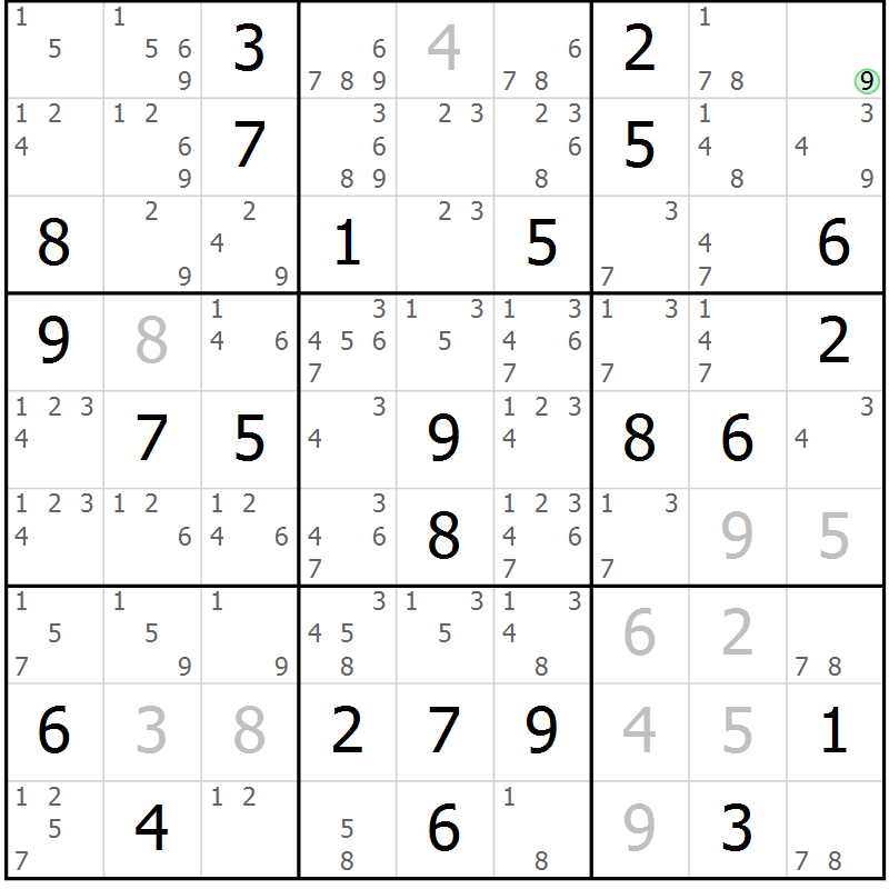 Position des candidats pour la solution de la Gr 22 page 25 du magazine de sudoku Giga sudoku niv 6-8 n° 016