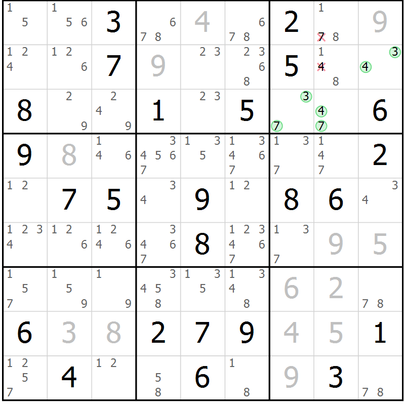 Position des candidats pour la solution de la Gr 22 page 25 du magazine de sudoku Giga sudoku niv 6-8 n° 016