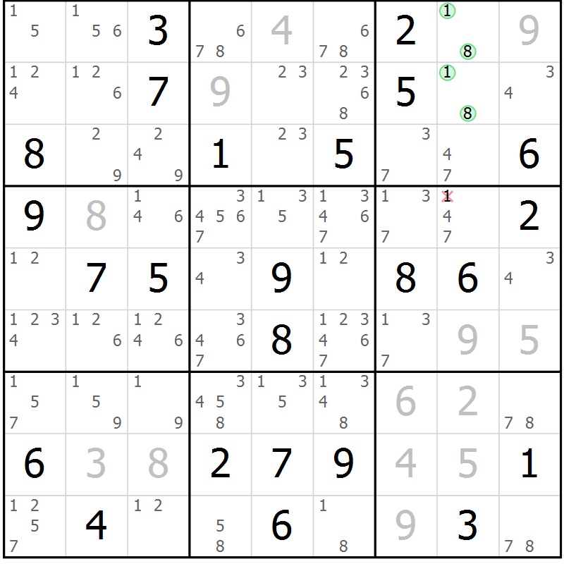 Position des candidats pour la solution de la Gr 22 page 25 du magazine de sudoku Giga sudoku niv 6-8 n° 016