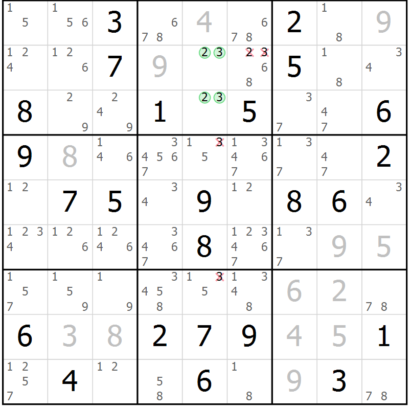 Position des candidats pour la solution de la Gr 22 page 25 du magazine de sudoku Giga sudoku niv 6-8 n° 016