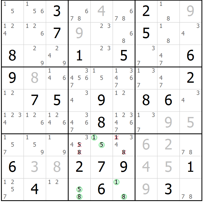 Position des candidats pour la solution de la Gr 22 page 25 du magazine de sudoku Giga sudoku niv 6-8 n° 016