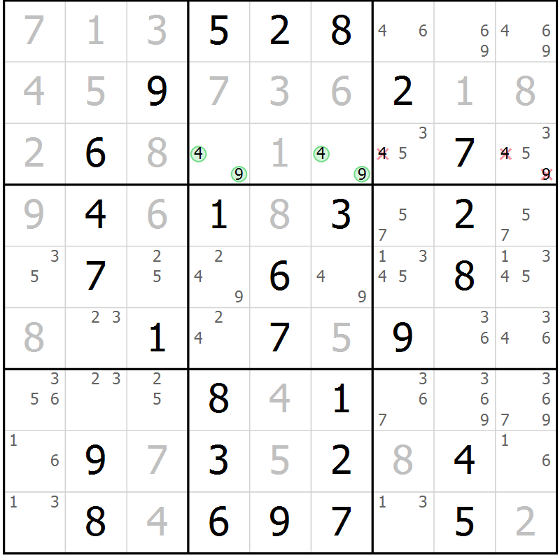 Position des candidats pour la solution de la Gr 23 page 26 du magazine de sudoku Giga sudoku niv 6-8 n° 016