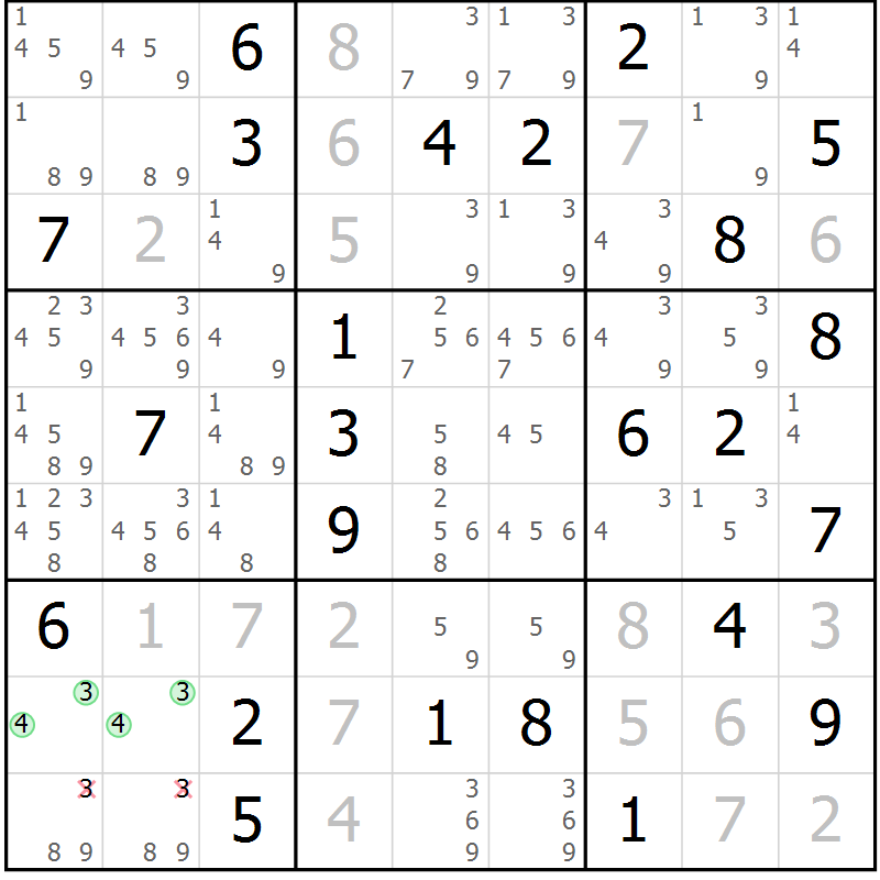 Position des candidats pour la solution de la Gr 25 page 28 du magazine de sudoku Giga sudoku niv 6-8 n° 016