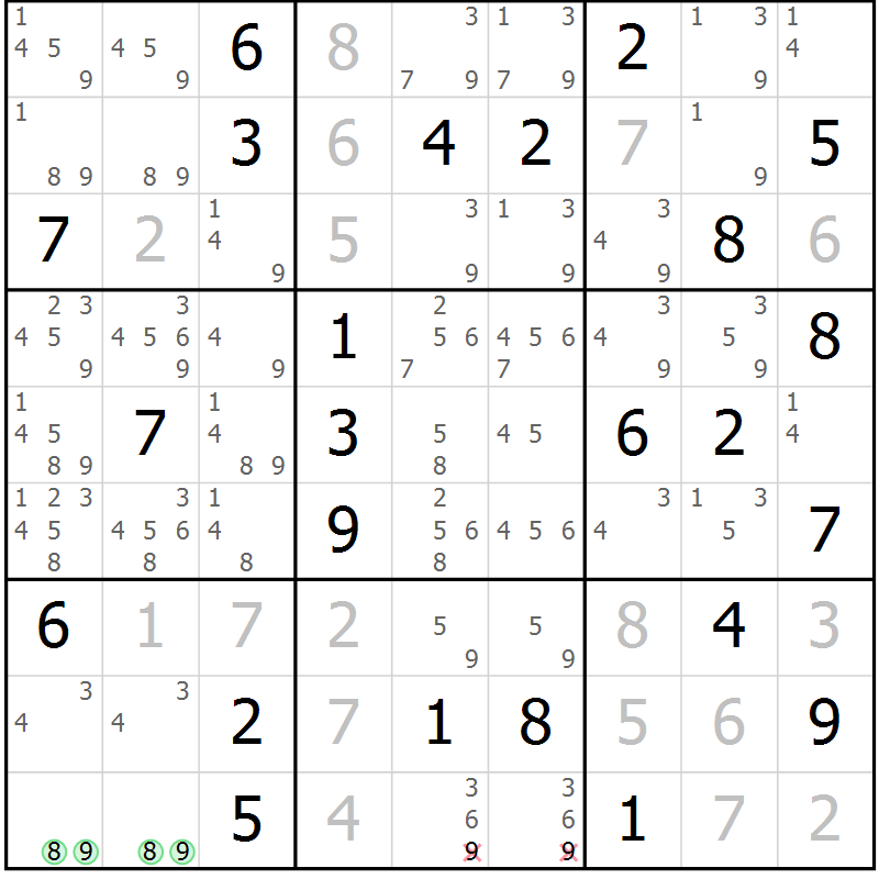 Position des candidats pour la solution de la Gr 25 page 28 du magazine de sudoku Giga sudoku niv 6-8 n° 016