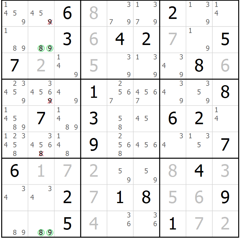 Position des candidats pour la solution de la Gr 25 page 28 du magazine de sudoku Giga sudoku niv 6-8 n° 016