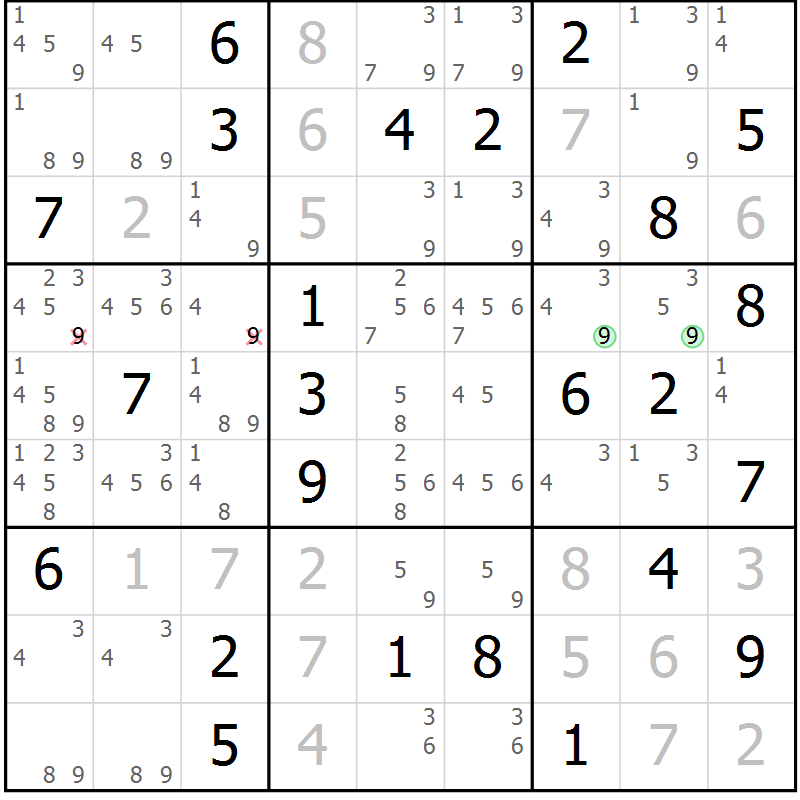 Position des candidats pour la solution de la Gr 25 page 28 du magazine de sudoku Giga sudoku niv 6-8 n° 016