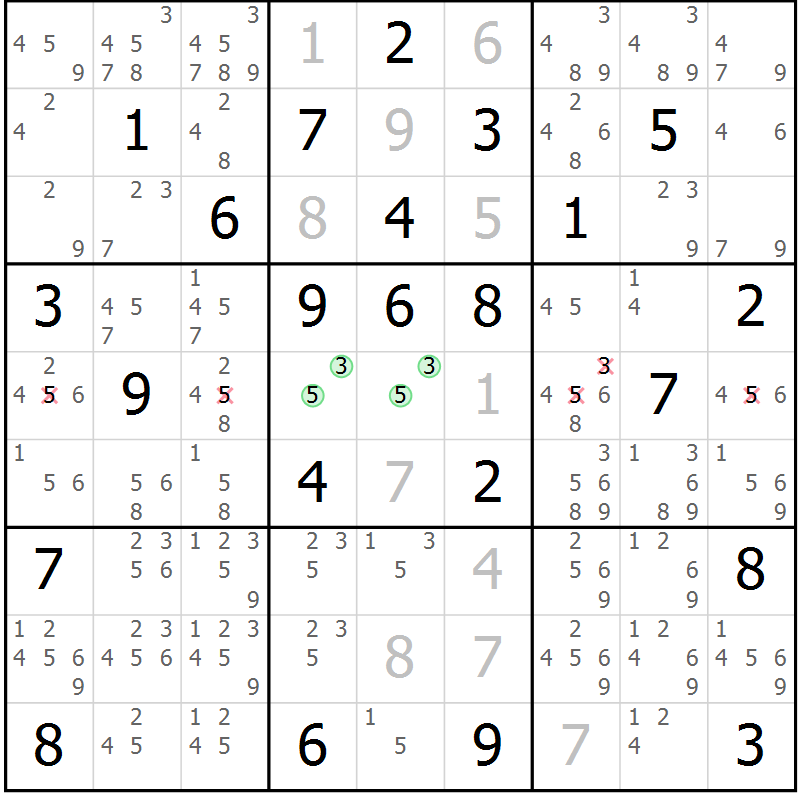 Position des candidats pour la solution de la Gr 26 page 29 du magazine de sudoku Giga sudoku niv 6-8 n° 016