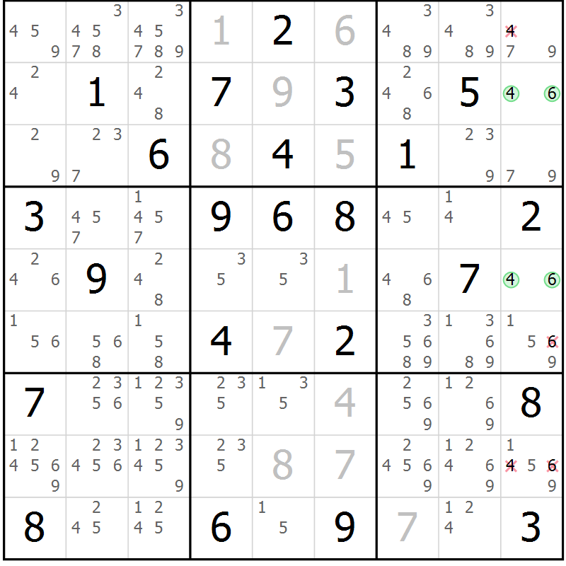 Position des candidats pour la solution de la Gr 26 page 29 du magazine de sudoku Giga sudoku niv 6-8 n° 016