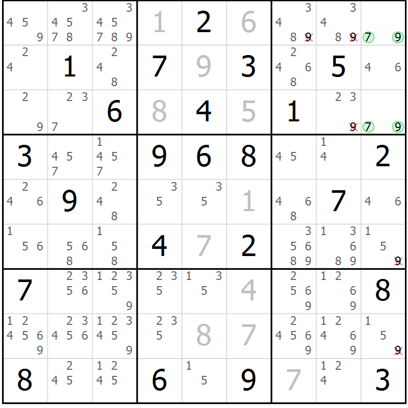 Position des candidats pour la solution de la Gr 26 page 29 du magazine de sudoku Giga sudoku niv 6-8 n° 016