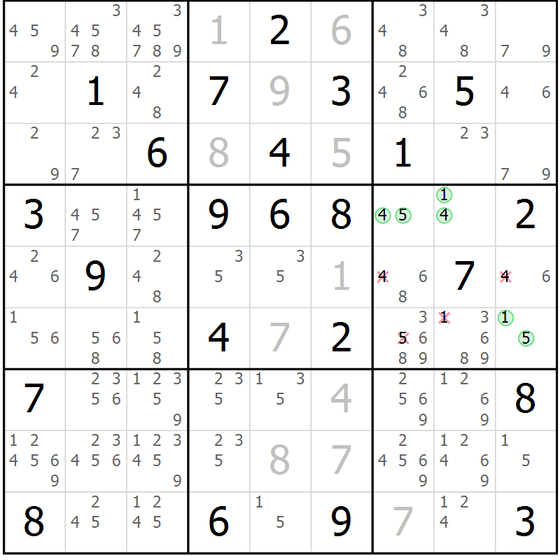 Position des candidats pour la solution de la Gr 26 page 29 du magazine de sudoku Giga sudoku niv 6-8 n° 016