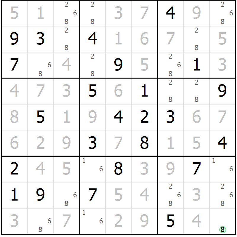 Position des candidats pour la solution de la Gr 27 page 30 du magazine de sudoku Giga sudoku niv 6-8 n° 016