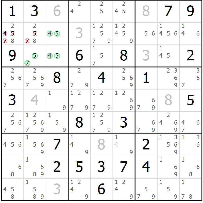Position des candidats pour la solution de la Gr 28 page 31 du magazine de sudoku Giga sudoku niv 6-8 n° 016