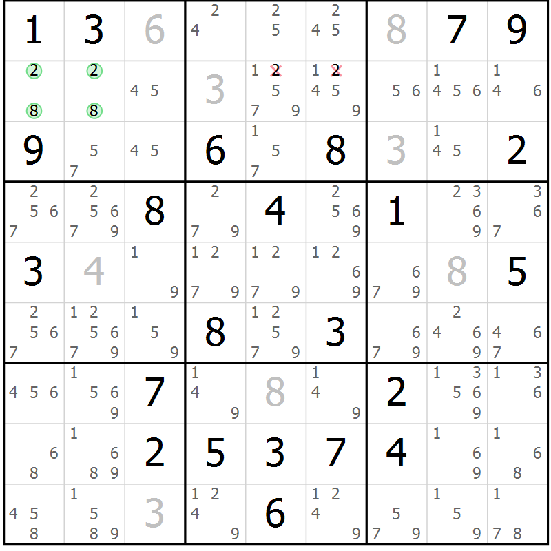 Position des candidats pour la solution de la Gr 28 page 31 du magazine de sudoku Giga sudoku niv 6-8 n° 016
