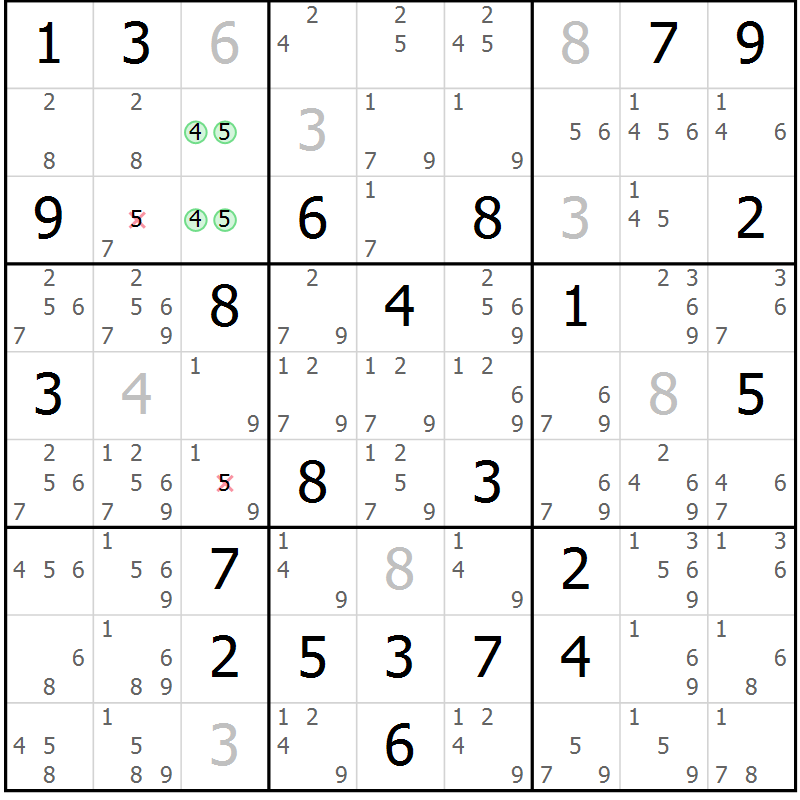 Position des candidats pour la solution de la Gr 28 page 31 du magazine de sudoku Giga sudoku niv 6-8 n° 016