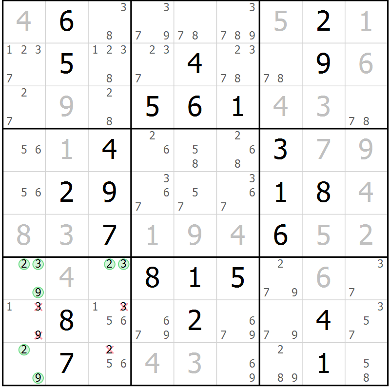 Position des candidats pour la solution de la Gr 29 page 32 du magazine de sudoku Giga sudoku niv 6-8 n° 016