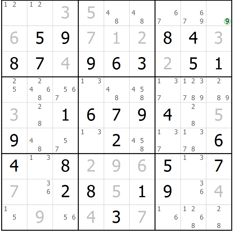 Position des candidats pour la solution de la Gr 3 page 6 du magazine de sudoku Giga sudoku niv 6-8 n° 016