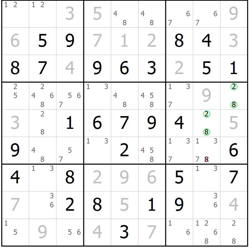 Position des candidats pour la solution de la Gr 3 page 6 du magazine de sudoku Giga sudoku niv 6-8 n° 016