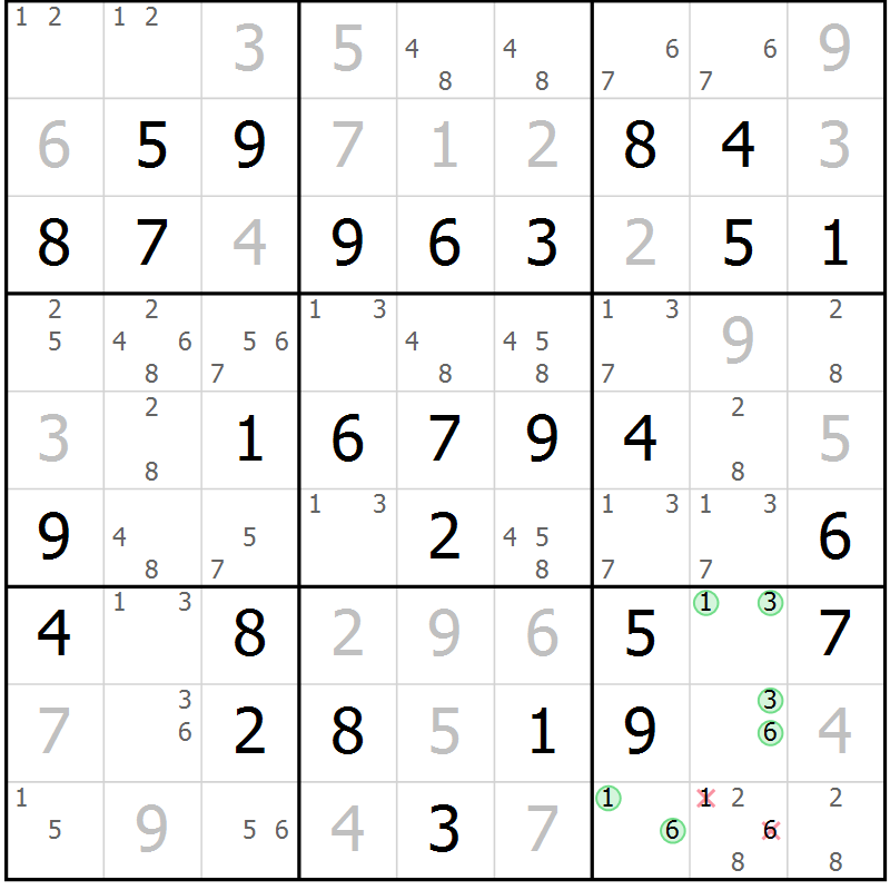 Position des candidats pour la solution de la Gr 3 page 6 du magazine de sudoku Giga sudoku niv 6-8 n° 016
