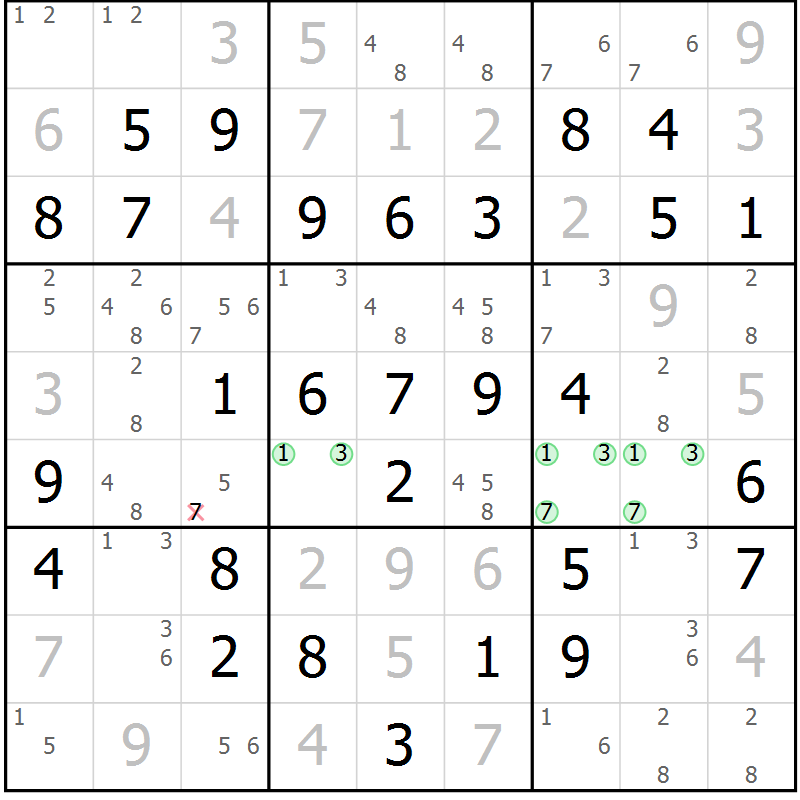 Position des candidats pour la solution de la Gr 3 page 6 du magazine de sudoku Giga sudoku niv 6-8 n° 016