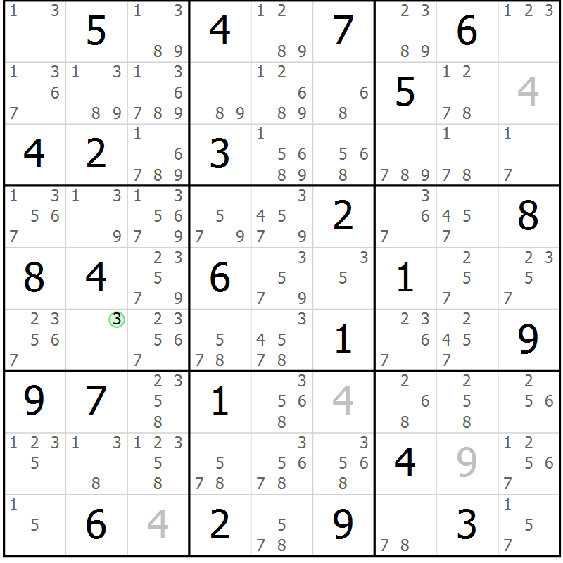 Position des candidats pour la solution de la Gr 31 page 34 du magazine de sudoku Giga sudoku niv 6-8 n° 016