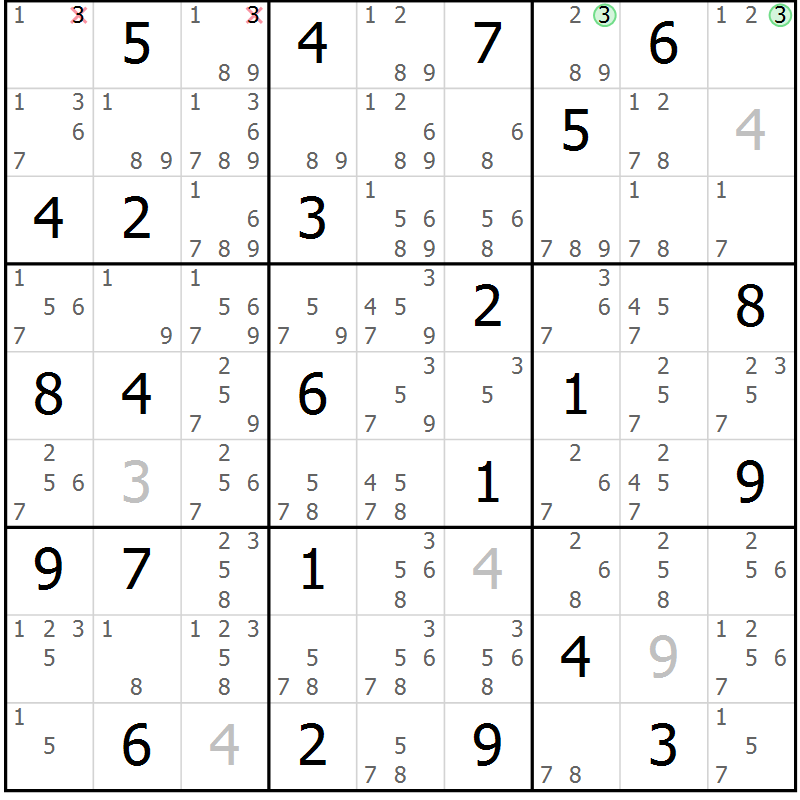 Position des candidats pour la solution de la Gr 31 page 34 du magazine de sudoku Giga sudoku niv 6-8 n° 016