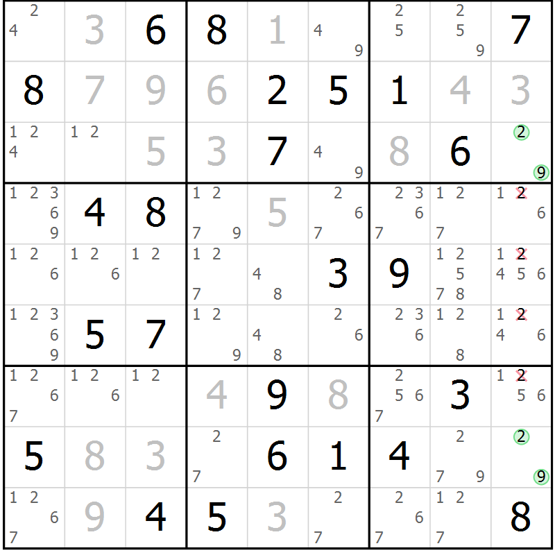 Position des candidats pour la solution de la Gr 32 page 35 du magazine de sudoku Giga sudoku niv 6-8 n° 016