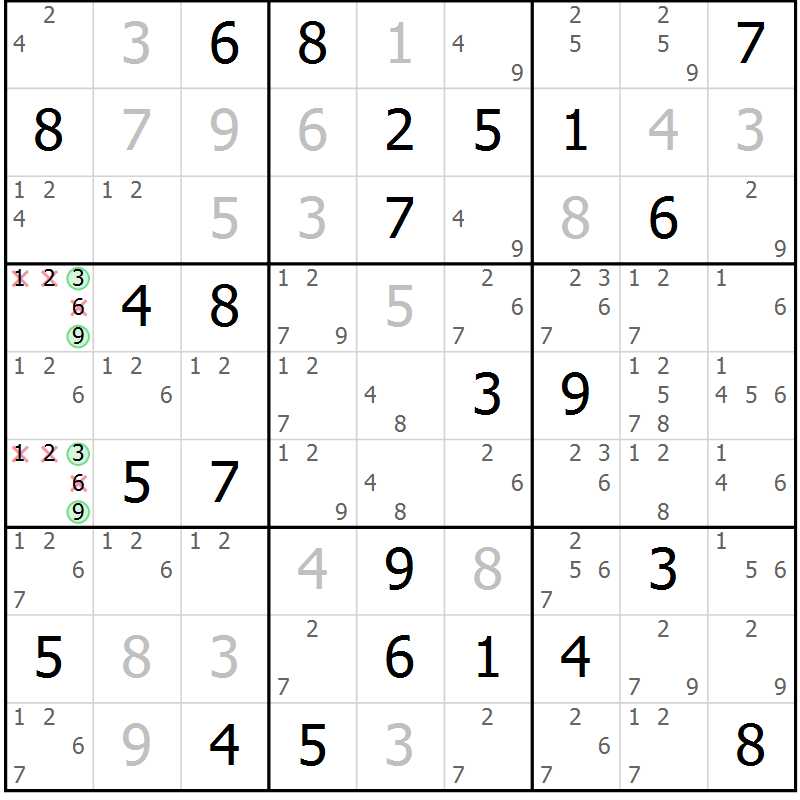 Position des candidats pour la solution de la Gr 32 page 35 du magazine de sudoku Giga sudoku niv 6-8 n° 016