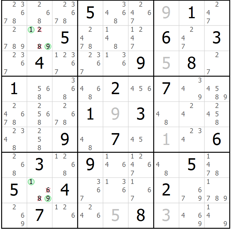 Position des candidats pour la solution de la Gr 33 page 36 du magazine de sudoku Giga sudoku niv 6-8 n° 016