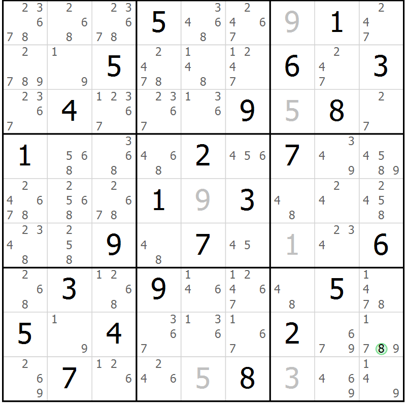 Position des candidats pour la solution de la Gr 33 page 36 du magazine de sudoku Giga sudoku niv 6-8 n° 016