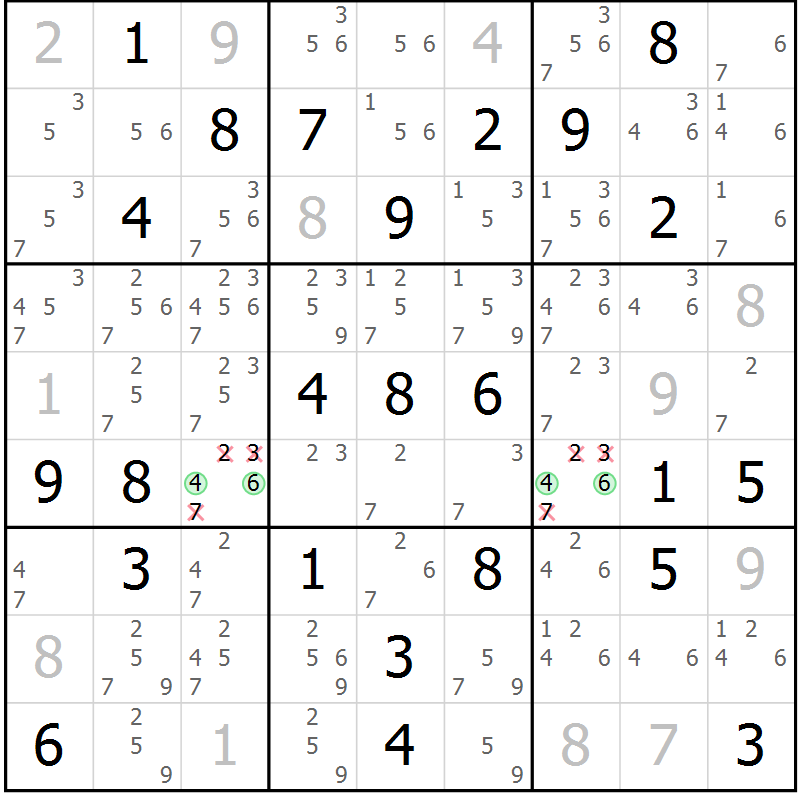 Position des candidats pour la solution de la Gr 35 page 38 du magazine de sudoku Giga sudoku niv 6-8 n° 016