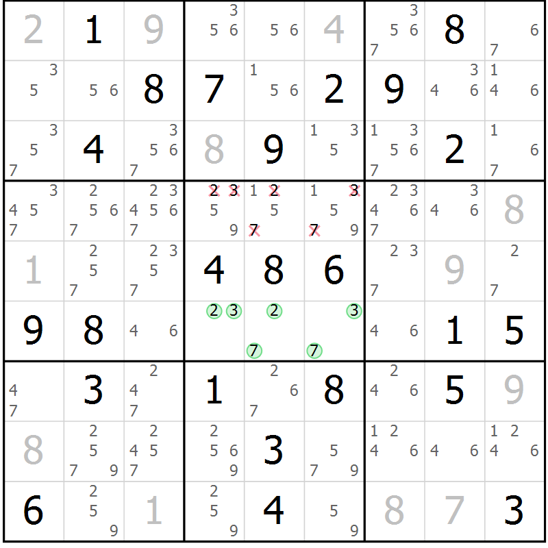 Position des candidats pour la solution de la Gr 35 page 38 du magazine de sudoku Giga sudoku niv 6-8 n° 016